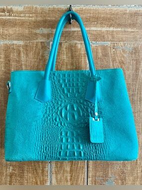 Mila Blu Italian Croc Embossed Leather Satchel Shoulder Bag Turquoise Teal blue